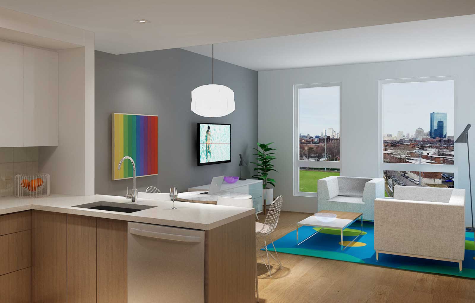 Apartment interior features modern design, large windows and skyline views of Boston